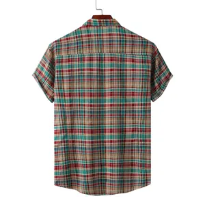 Back view of a multi-color plaid short sleeve Hawaiian beach shirt for men