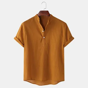 Men's mustard yellow linen short sleeve shirt with Mandarin collar and casual fit.