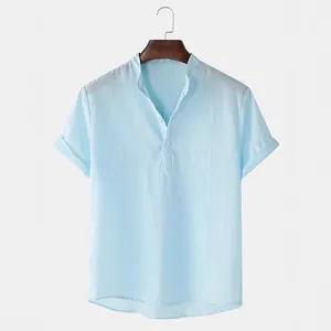 Light blue men's cotton linen short sleeve shirt with stand collar casual summer top