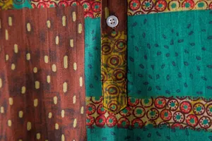Detailed macro shot of a men's casual cotton linen shirt showing button and texture