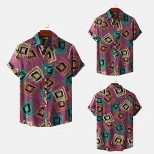 Multiple views of men's purple geometric print short sleeve button-up shirt