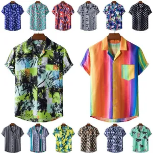 Men Hawaiian Shirt Ethnic Print Short Sleeve Casual Tropical Button Down Cotton Blend Beach Holiday Shirt Top