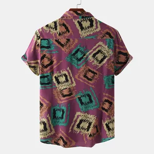 Back view of men's summer short-sleeved shirt featuring abstract colorful geometric block print