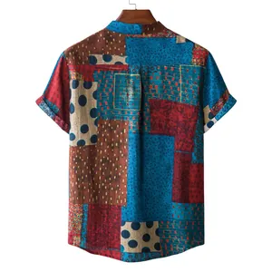 Back view of men's casual short sleeve shirt with colorful patchwork floral pattern