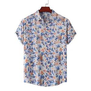 Detailed view of a men's floral print Hawaiian short sleeve shirt in beach style