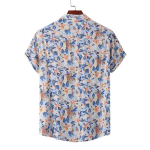 Back view of men's short sleeve Hawaiian floral beach shirt in light blue pattern