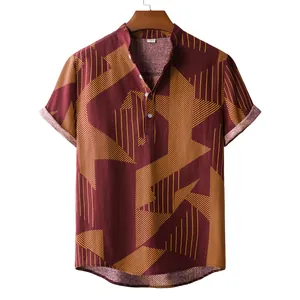 Men's casual linen-blend short-sleeved shirt with yellow geometric line patterns