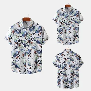Detailed front and back views of a men's short-sleeved shirt with abstract colorful prints