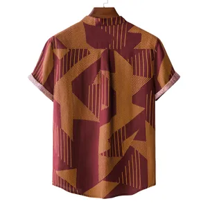 Back view of a maroon men's linen-blend shirt featuring yellow geometric line patterns
