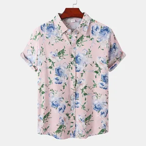 Herren Kurzarm Hawaiihemd im Strandstil mit blauem Blumendruck auf hellrosa Untergrund