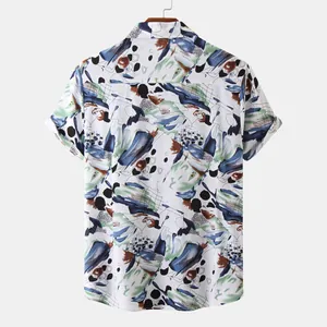 Back view detail of men's short sleeve shirt with abstract blue and green print design