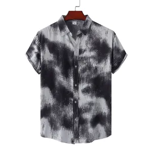 Men's short sleeve beach shirt with abstract black and white tie-dye pattern print