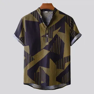 Detail of men's casual cotton linen shirt with yellow geometric stripe print and stand collar