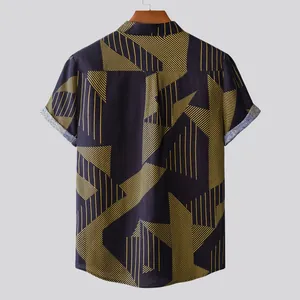 Back view of a men's casual short sleeve shirt featuring a yellow geometric stripe print