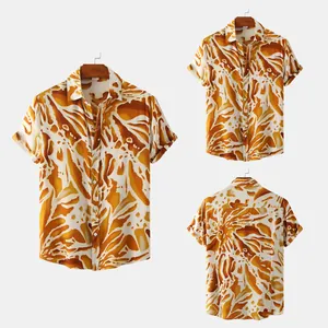 Detailed multi-angle view of men's short sleeve shirt with vibrant orange abstract print