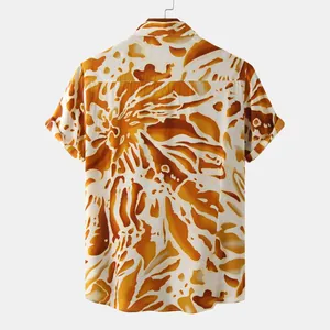 Back view of a men's summer short-sleeved shirt with abstract orange marble print