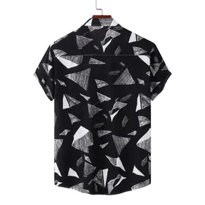 Back view of men's Hawaiian beach shirt with geometric black and white triangle pattern
