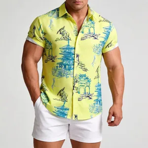 Chemise hawaïenne jaune pour homme avec imprimé bleu de pagodes et de grues orientales