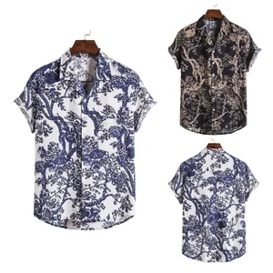 Vintage floral print Hawaiian short-sleeved shirt for men featuring intricate tree patterns