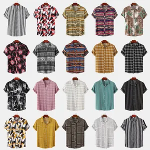 Men Casual Cotton Short Sleeve Shirt Slim Fit Striped Plaid Floral Patchwork Top Summer Fashion Holiday Beach Wear