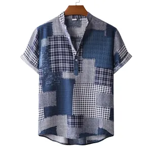 Detailed view of blue patchwork men's shirt with houndstooth and check patterns