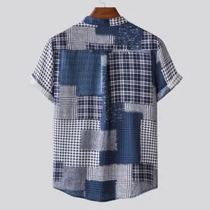 Back view of men's casual patchwork shirt featuring blue plaid and houndstooth patterns