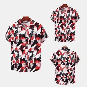Detailed product views of a men's short-sleeve shirt featuring red and black geometric print.