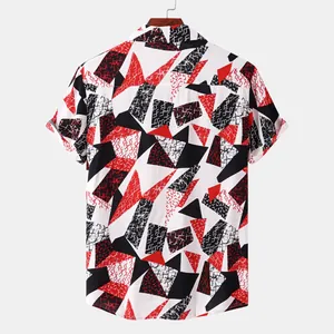 Detailed back view of men's casual short-sleeve shirt with red and black geometric pattern
