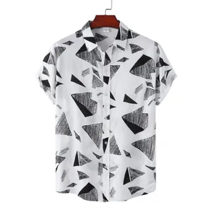 Close-up of men's casual short-sleeve shirt with black geometric abstract prints.