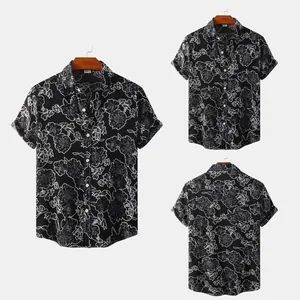 Front and back views of a men's black short-sleeved shirt with white floral print