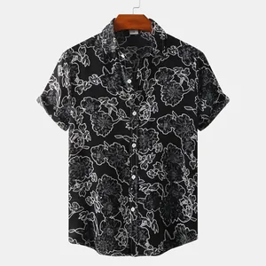 Front view of men's short-sleeved shirt with white floral sketch print on black