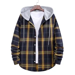 Camicia scozzese da uomo a maniche lunghe con cappuccio e motivo a quadri blu e giallo