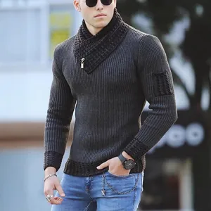 Mens charcoal grey knitted pullover sweater with contrast scarf collar and zipper detail