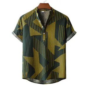 Casual men's short-sleeved shirt with yellow geometric patterns on dark green linen fabric