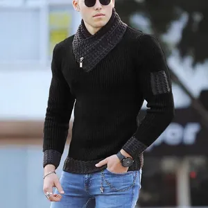 Stylish men's black knitted sweater with scarf collar and unique patchwork design details.