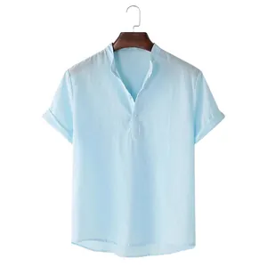 Men's light blue cotton linen short sleeve shirt with stand collar and casual buttons