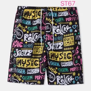 Breathable men's summer beach shorts featuring vibrant music and rock graffiti print on black