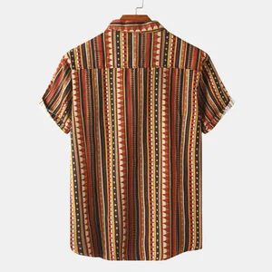 Back view of men's short sleeve shirt with colorful ethnic geometric tribal pattern print