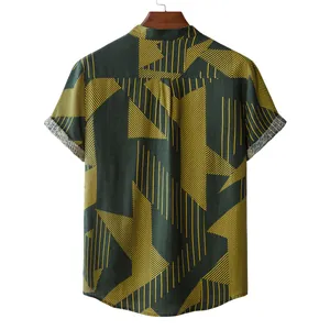 Back detail of men's casual short-sleeve shirt with yellow geometric patterns.