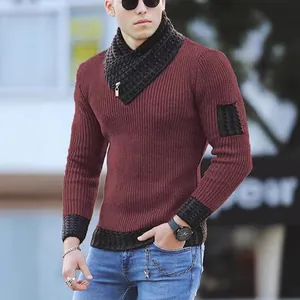 Stylish men's wine red shawl collar knitted sweater with black patchwork details