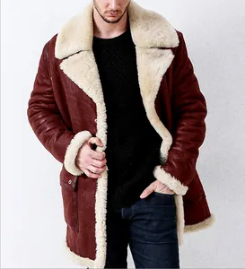 Close-up detail of men's reddish-brown suede coat featuring thick beige faux fur lining.