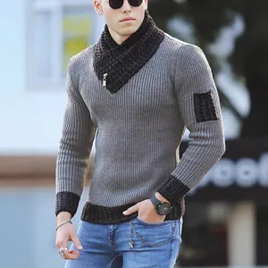 Men's slim fit knit sweater featuring a stylish scarf collar and grey patchwork design