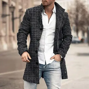 Close-up of men's casual wool-blend coat with geometric print pattern in street style