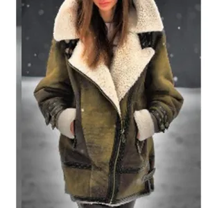 Detail view of women's olive green faux shearling suede winter coat with buckles