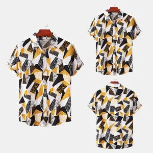 Detailed front and back views of men's geometric print short sleeve shirt