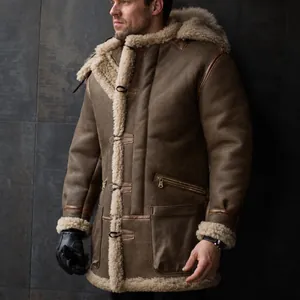 Detailed view of the premium suede texture and warm faux fur lining on this men's winter coat