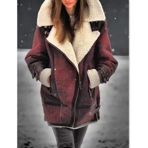 Close-up of women's burgundy faux suede winter jacket with thick white faux fur lining