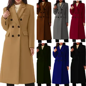 Detailed view showing long double-breasted wool coats in multiple elegant colors