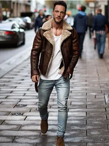Professional street style view of a men's brown suede jacket featuring warm faux fur lining