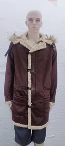 Men's thick brown faux suede jacket featuring warm white faux fur lining and hood.